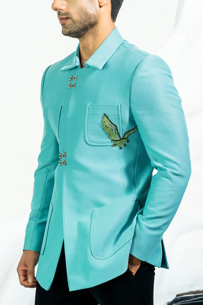 Bluish green Swarovski embellished jacket set