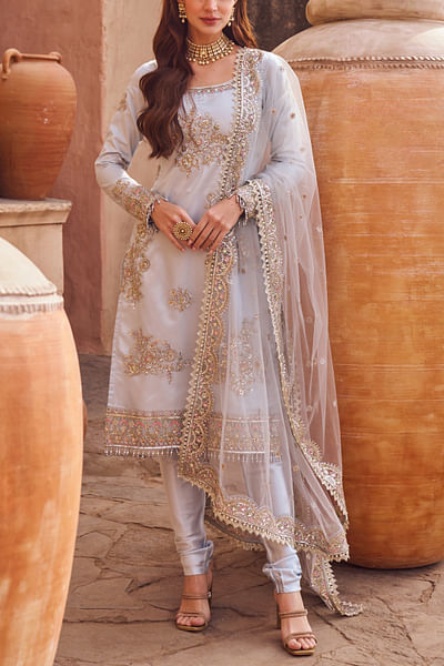 Bluish grey floral zari embroidered kurta set