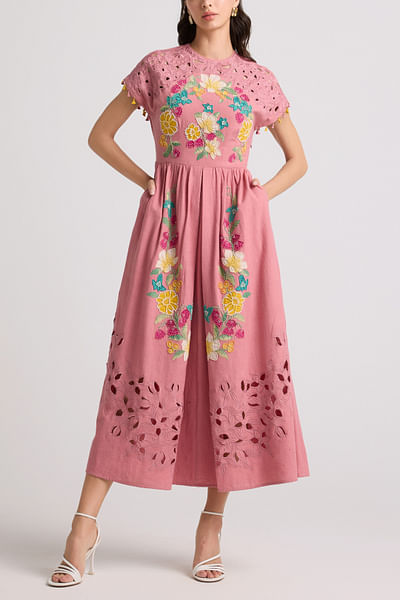 Blush floral applique embroidery midi dress