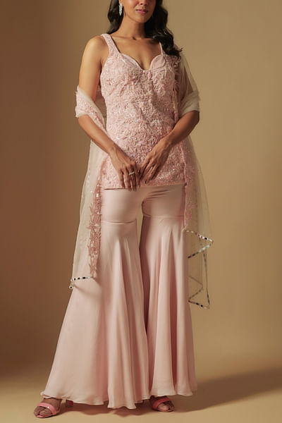 Blush floral embroidered kurta and sharara set