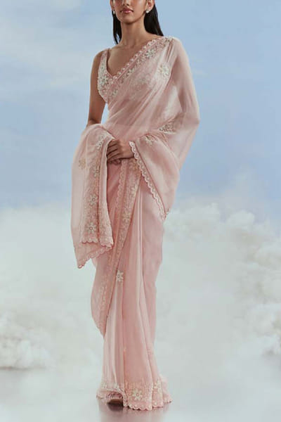 Nachiket Barve Blush floral embroidered sari set NABFEB24D218