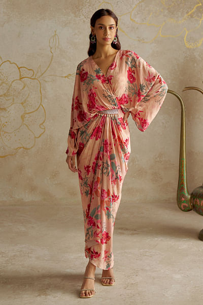 Blush floral printed draped dress