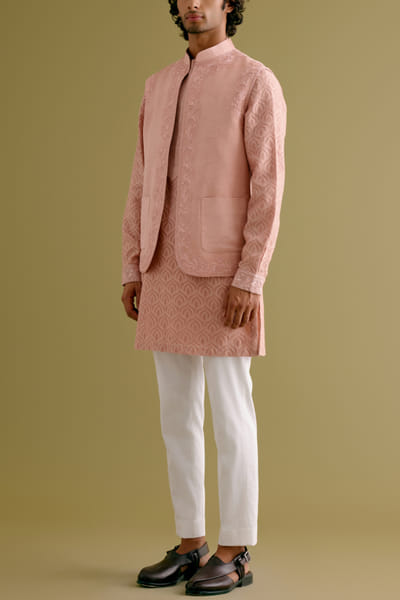 Devnaagri Blush pink dori embroidered bandi kurta set DEVDEC24D11863