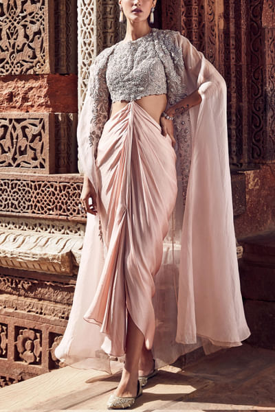 Blush pink dori embroidery cape set