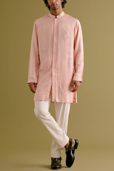 Devnaagri Blush pink dori embroidery front open kurta set DEVDEC24D11872