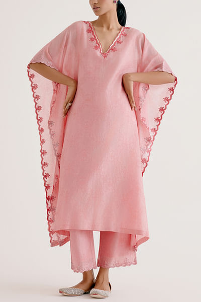 Blush pink dori embroidery printed kaftan set