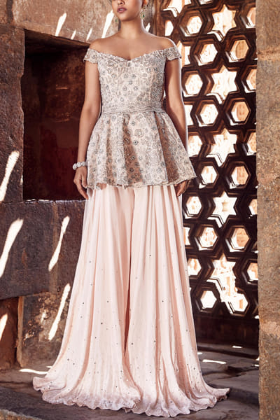 Blush pink embellished peplum sharara set