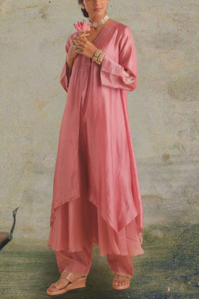 Blush pink embroidered asymmetric kurta set