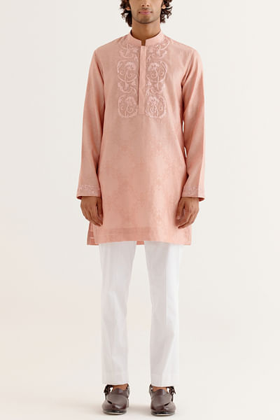 Blush pink embroidered block printed kurta set