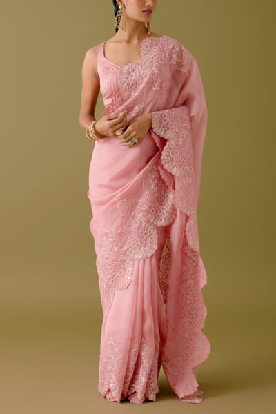 Devnaagri Blush pink embroidered scalloped sari set DEVJAN25D22410
