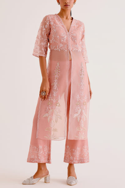 Blush pink floral dori embroidery slit kurta set