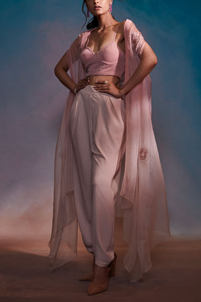 Blush pink floral embroidered cape set