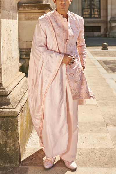 Blush pink floral embroidered sherwani set