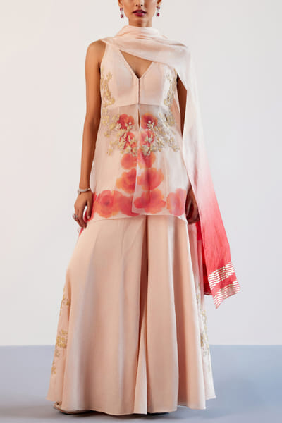 Blush pink floral embroidery front open kurta sharara set