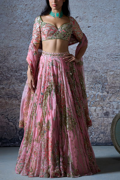 Blush pink floral embroidery printed lehenga set
