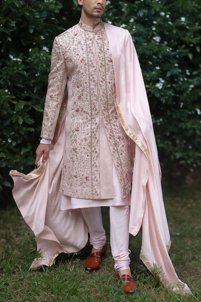 Blush pink floral embroidery sherwani full set