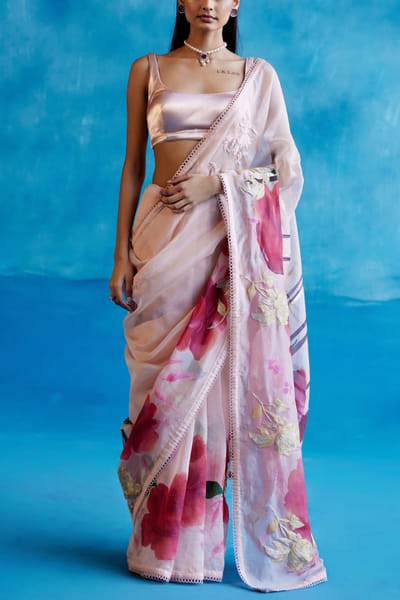 Devnaagri Blush pink floral hand painted sari set DEVSEP24D123