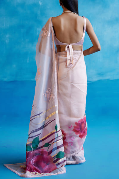 Devnaagri Blush pink floral hand painted sari set DEVSEP24D123