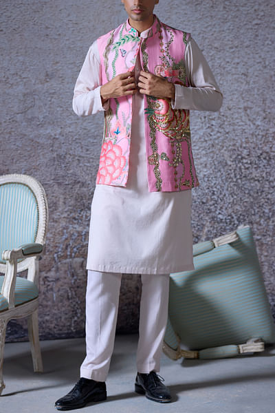 Blush pink floral print embroidered bandi set