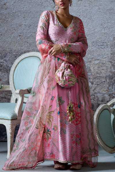Blush pink floral print embroidered kurta set