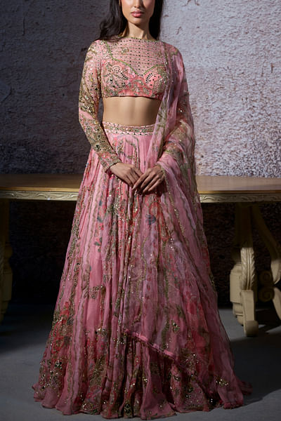 Blush pink floral print embroidered lehenga set