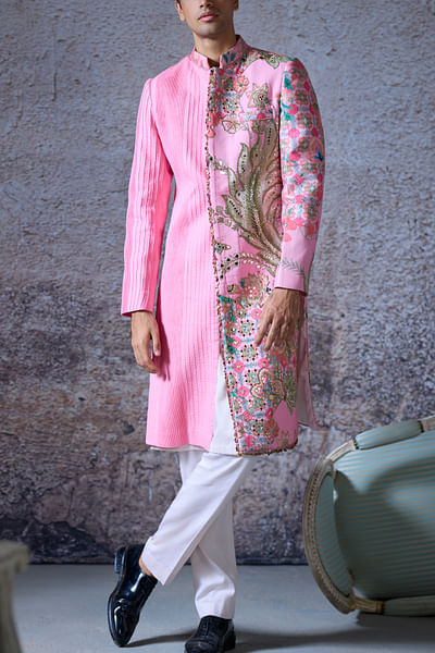 Blush pink floral print embroidered sherwani set