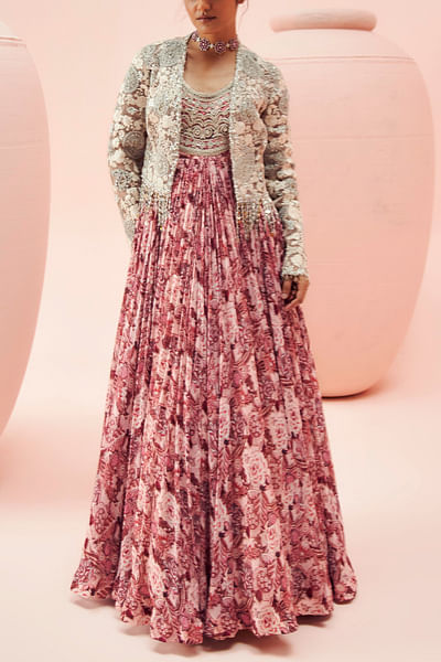 Blush pink floral printed anarkali and jacket
