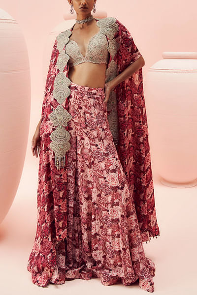 Blush pink floral printed cape set