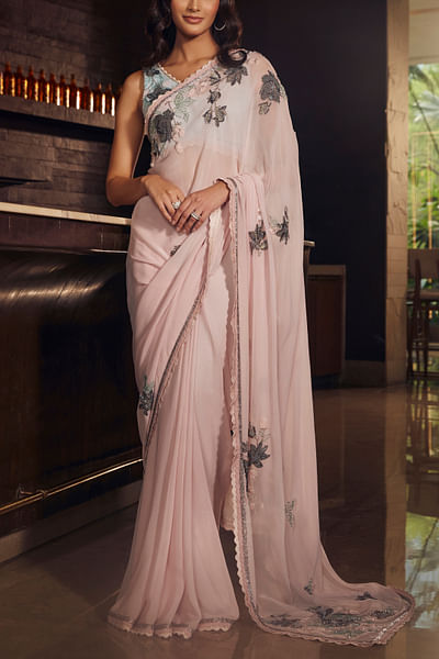 Blush pink floral sequin embroidered sari set