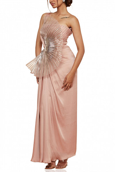 Blush pink metallic detail draped gown