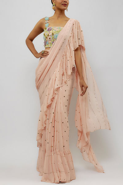 Blush pink mukaish stitched ruffled sari set