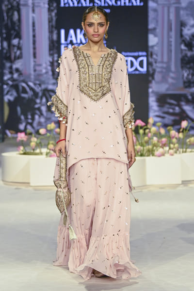 Blush pink mukaish tiered sharara set