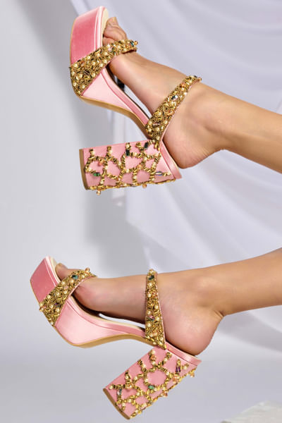 Blush pink pearl embellished block heels