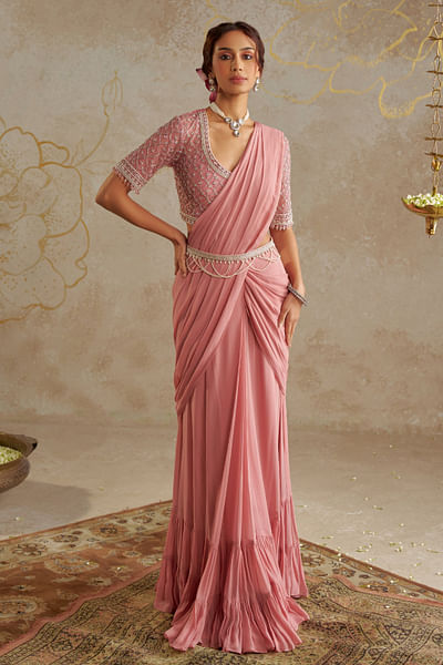 Blush pink pre-draped sari set
