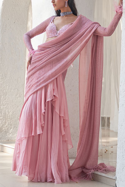 Blush pink pre-stitched sari set