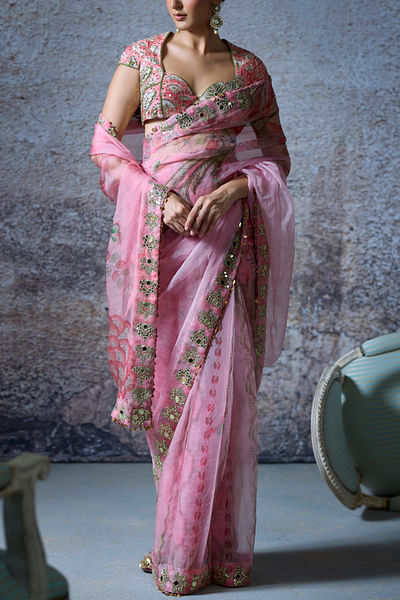Blush pink printed embroidered draped sari set