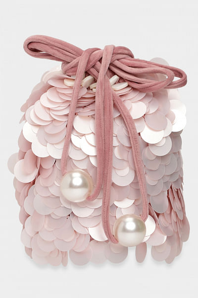 Blush pink sequinned bucket bag