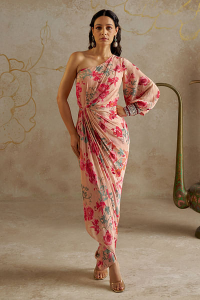Blush rose printed one-shoulder printed dress