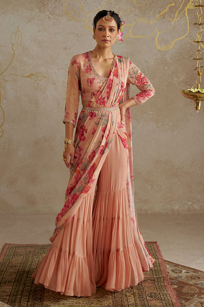Blush rose printed sharara sari set