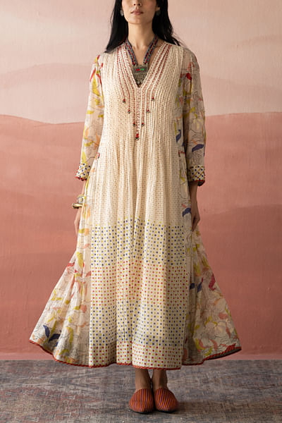 Bone white handblock printed anarkali