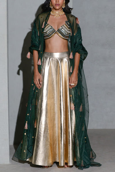 Bottle green and gold lehenga and cape set