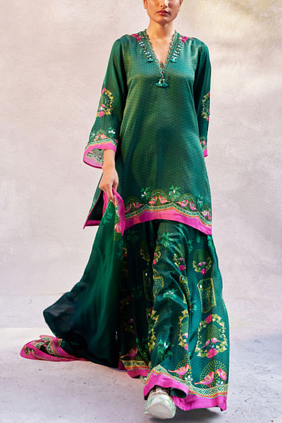 Bottle green bird printed sharara set