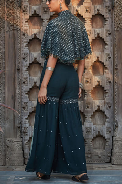 Bohame Bottle green chikankari embroidery cape set BOHMAY24D109