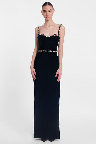Bottle green crystal embellished gown