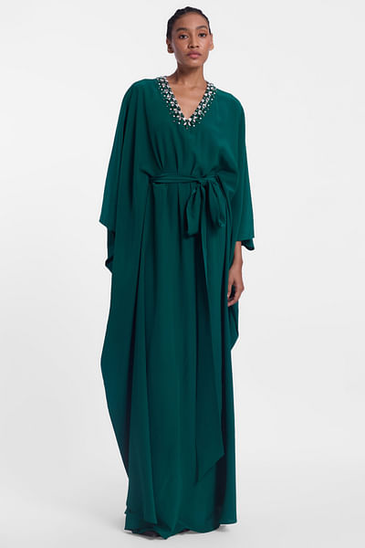 Bottle green crystal embellished kaftan