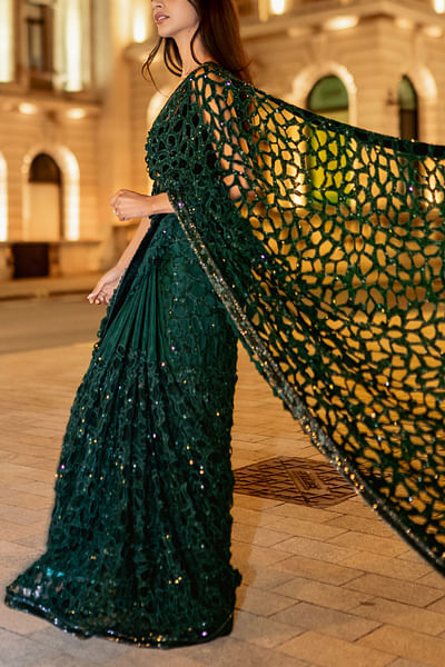 Bottle green cutwork sequinned sari set