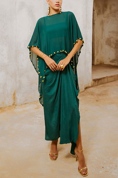 Bottle green draped skirt set