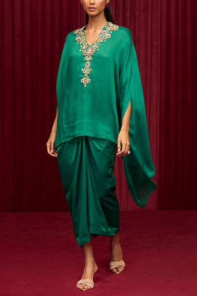 Bottle green embroidered cape set