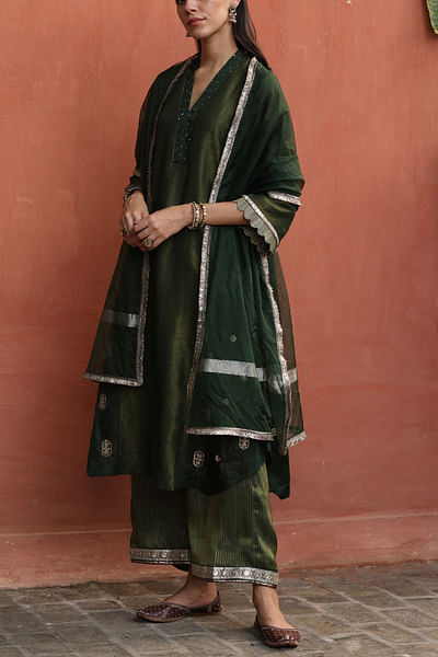 Bottle green embroidered kurta set