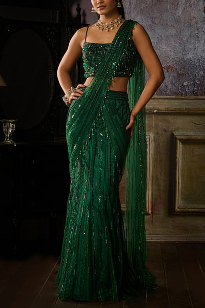 Bottle green embroidered pre-draped sari set